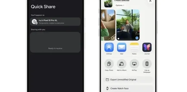 Ilustrasi antarmuka Quick Share to AirDrop untuk transfer file antara Android dan iPhone