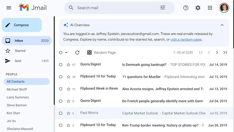 Screenshot proyek Jmail yang menampilkan simulasi inbox Gmail Jeffrey Epstein menggunakan email asli dari Kongres