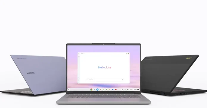 Tiga laptop Samsung yang menjalankan sistem operasi ChromeOS di atas meja kerja