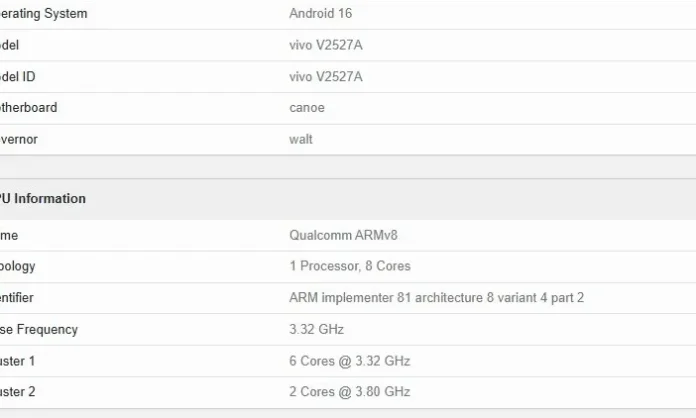 Tampilan antarmuka benchmark Geekbench yang menunjukkan skor dan spesifikasi Vivo S50 Pro Mini dengan model V2527A