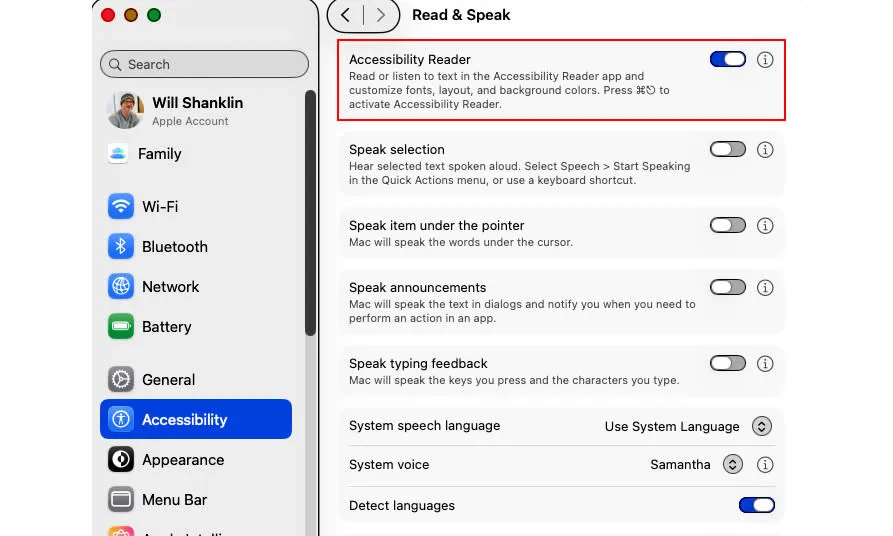 Pengaturan Accessibility Reader di macOS menunjukkan toggle untuk mengaktifkan fitur.