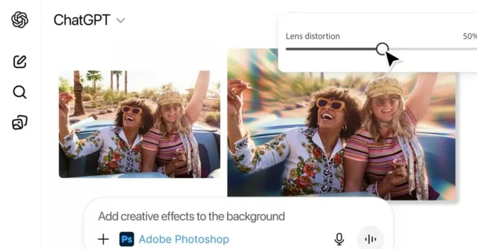 Ilustrasi integrasi Adobe Photoshop, Express, dan Acrobat di dalam antarmuka ChatGPT untuk editing gambar dan PDF.