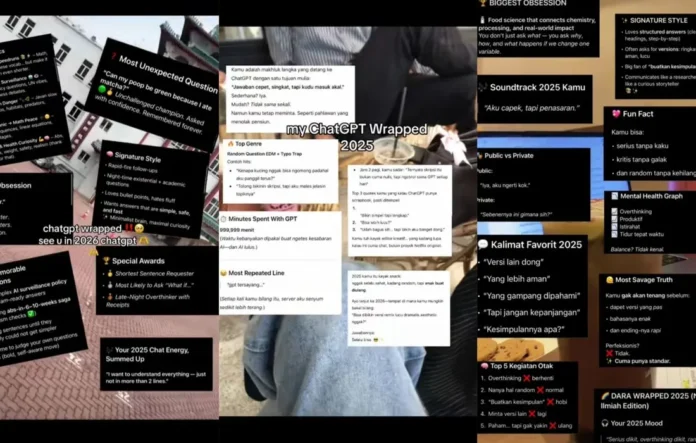 Ilustrasi tren ChatGPT Wrapped 2025 yang menunjukkan statistik percakapan dan topik obrolan pengguna dengan AI di akhir tahun.