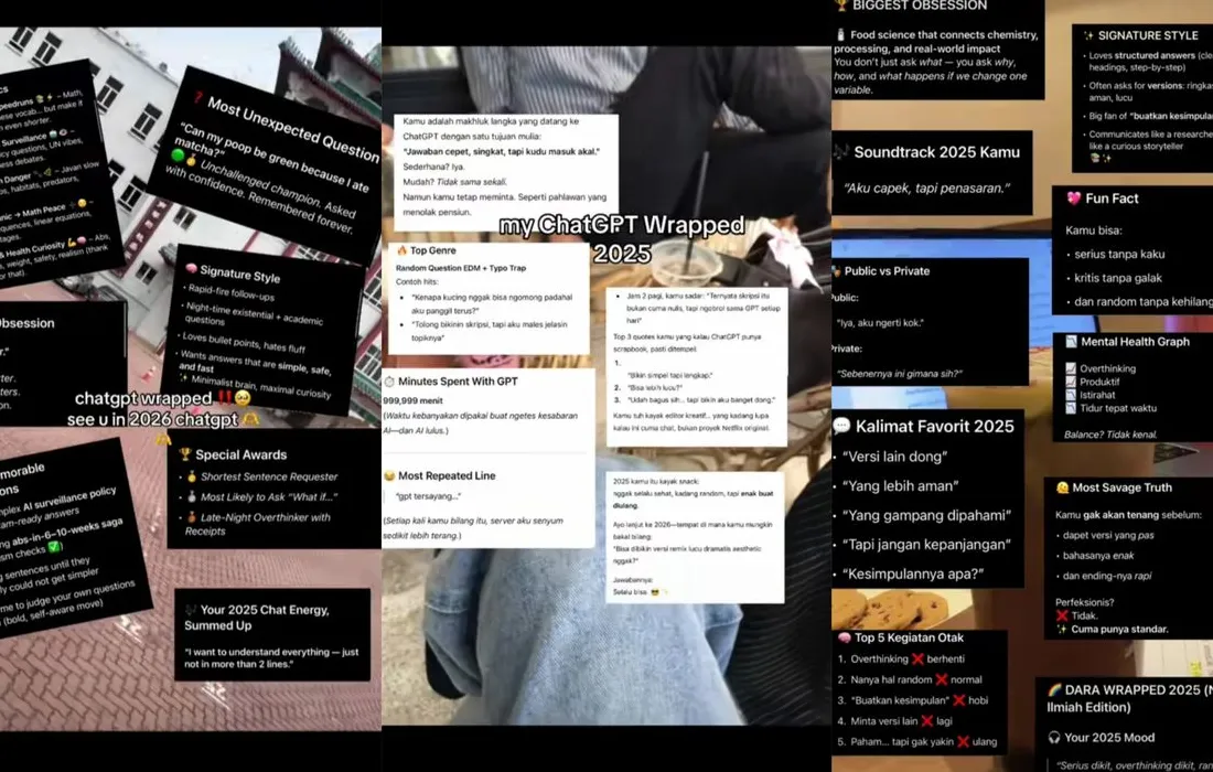 Ilustrasi tren ChatGPT Wrapped 2025 yang menunjukkan statistik percakapan dan topik obrolan pengguna dengan AI di akhir tahun.