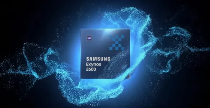 Ilustrasi chipset prosesor Samsung Exynos 2600 dengan latar belakang teknologi