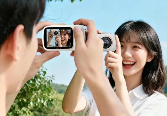 Kamera digital Lenovo X1 dengan desain retro bodi kompak diletakkan di atas permukaan kayu