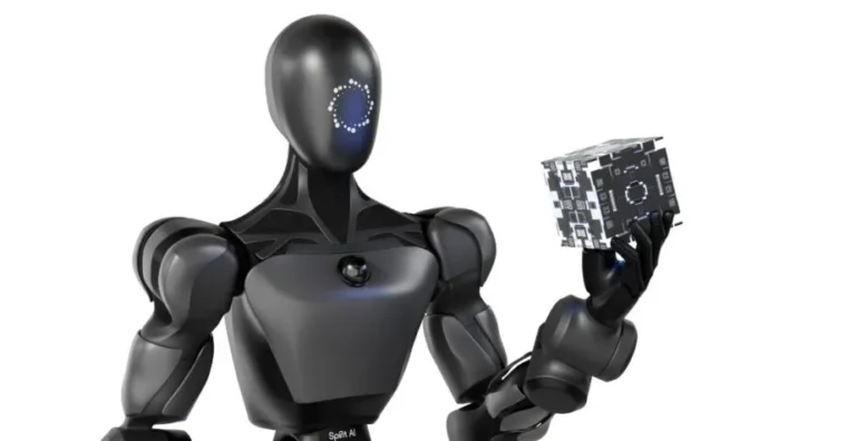 Ilustrasi robot humanoid industri berwarna biru dan abu-abu bekerja di lini produksi pabrik baterai CATL