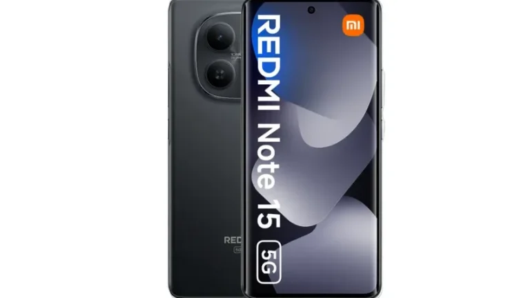 Ilustrasi smartphone Redmi Note 15 5G dengan latar belakang blur, menonjolkan desain kamera belakang dan layar AMOLED.