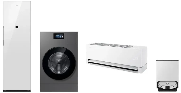 Tampilan depan produk Samsung Bespoke AI lineup untuk CES 2026 termasuk mesin cuci dan AirDresser