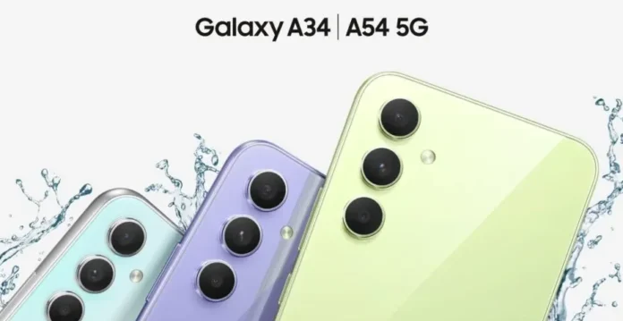 Ilustrasi smartphone Samsung Galaxy A34 dengan ikon headphone USB-C dan simbol peringatan bug di layar yang menampilkan video pecah.