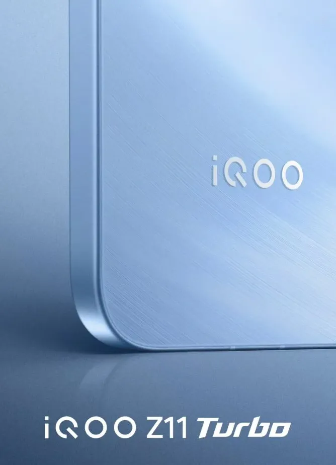 Teaser desain ponsel iQOO Z11 Turbo dalam warna biru, menunjukkan bodi belakang yang elegan