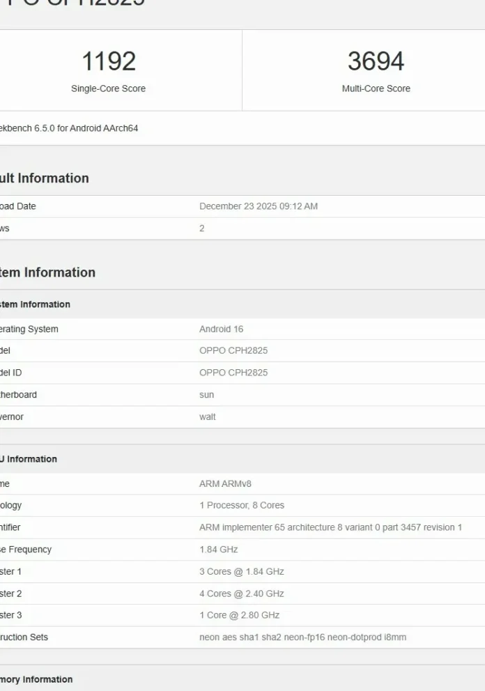 Tampilan screenshot hasil tes benchmark Oppo Reno 15 dengan kode model CPH2825 di platform Geekbench