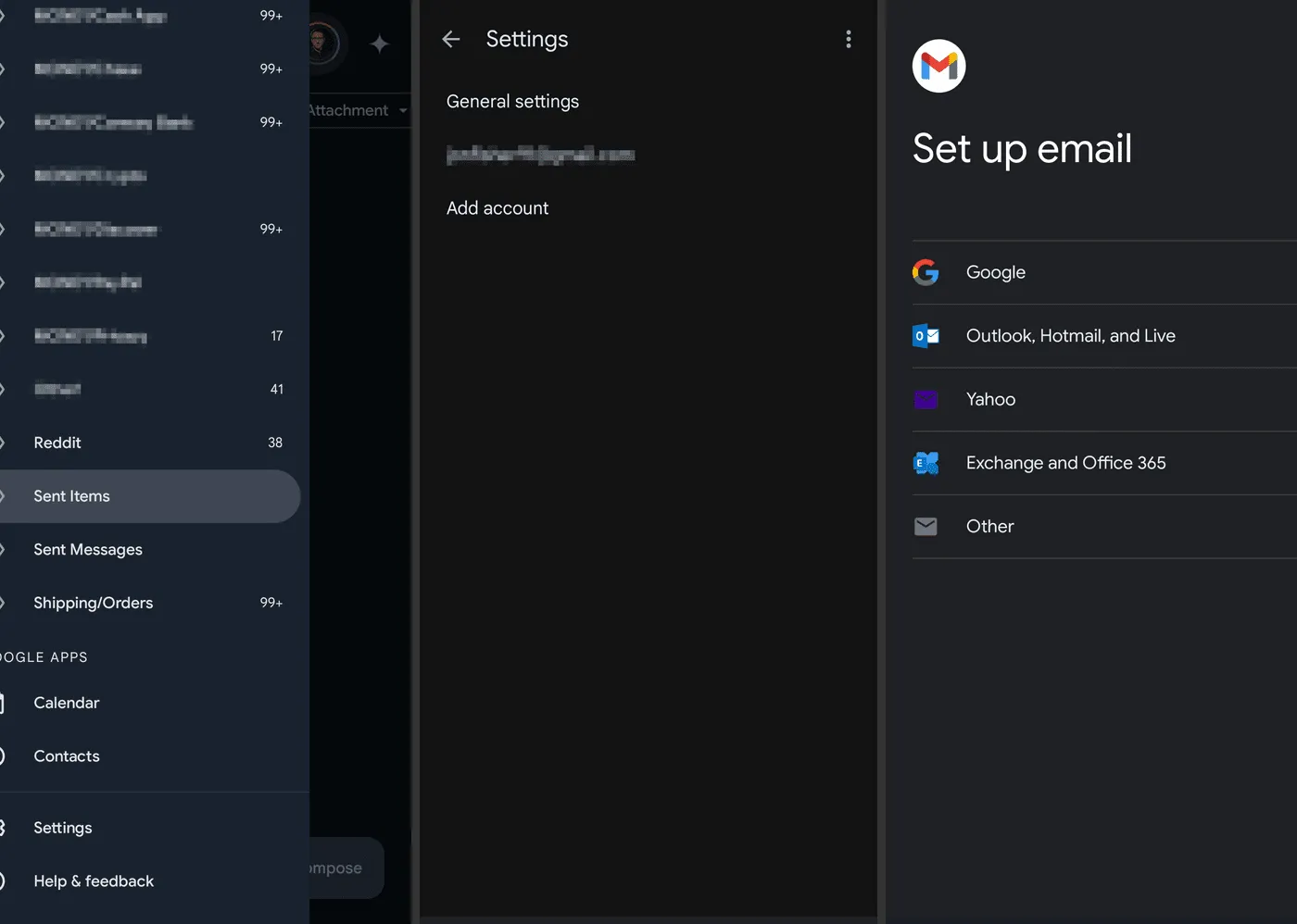 Email setup screens in the Gmail app for Android