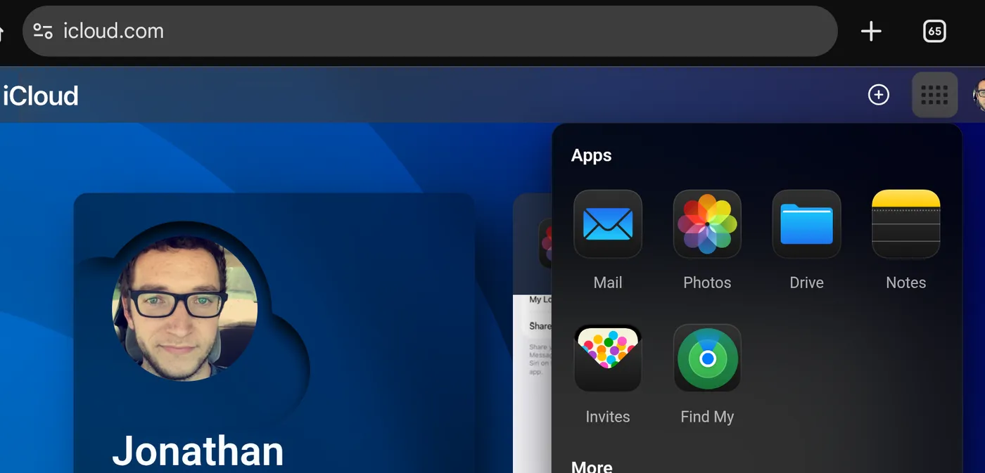 A screenshot of the iCloud website on a mobile browser showing a user profile and the apps menu
