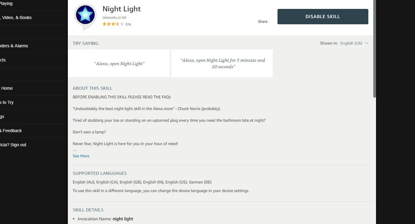 Screenshot of Night Light skill